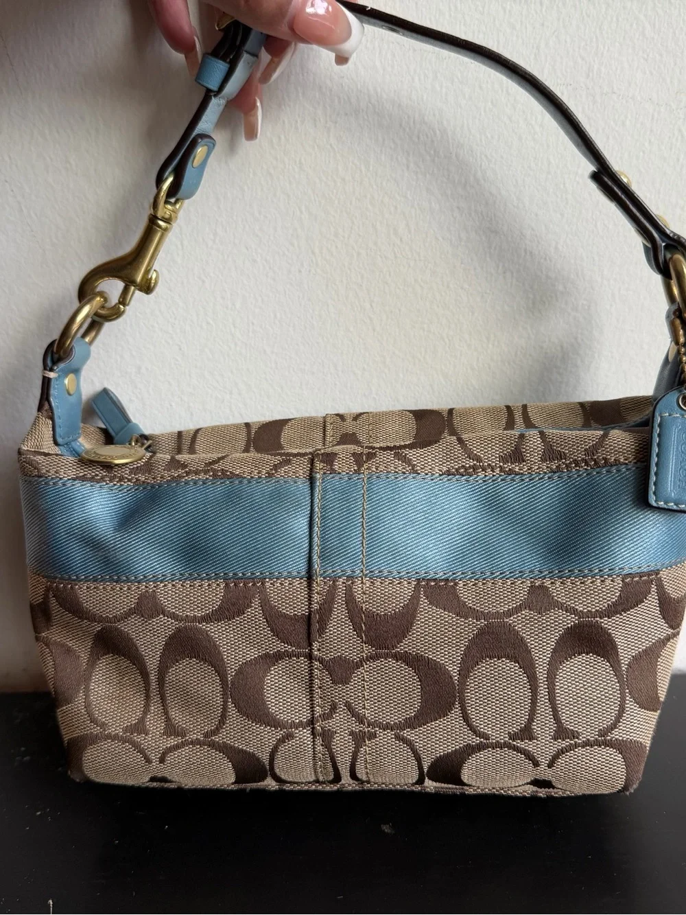 Vintage Y2K Coach 11206 Signature Stripe Demi Shoulder Bag Baby Blue 2007